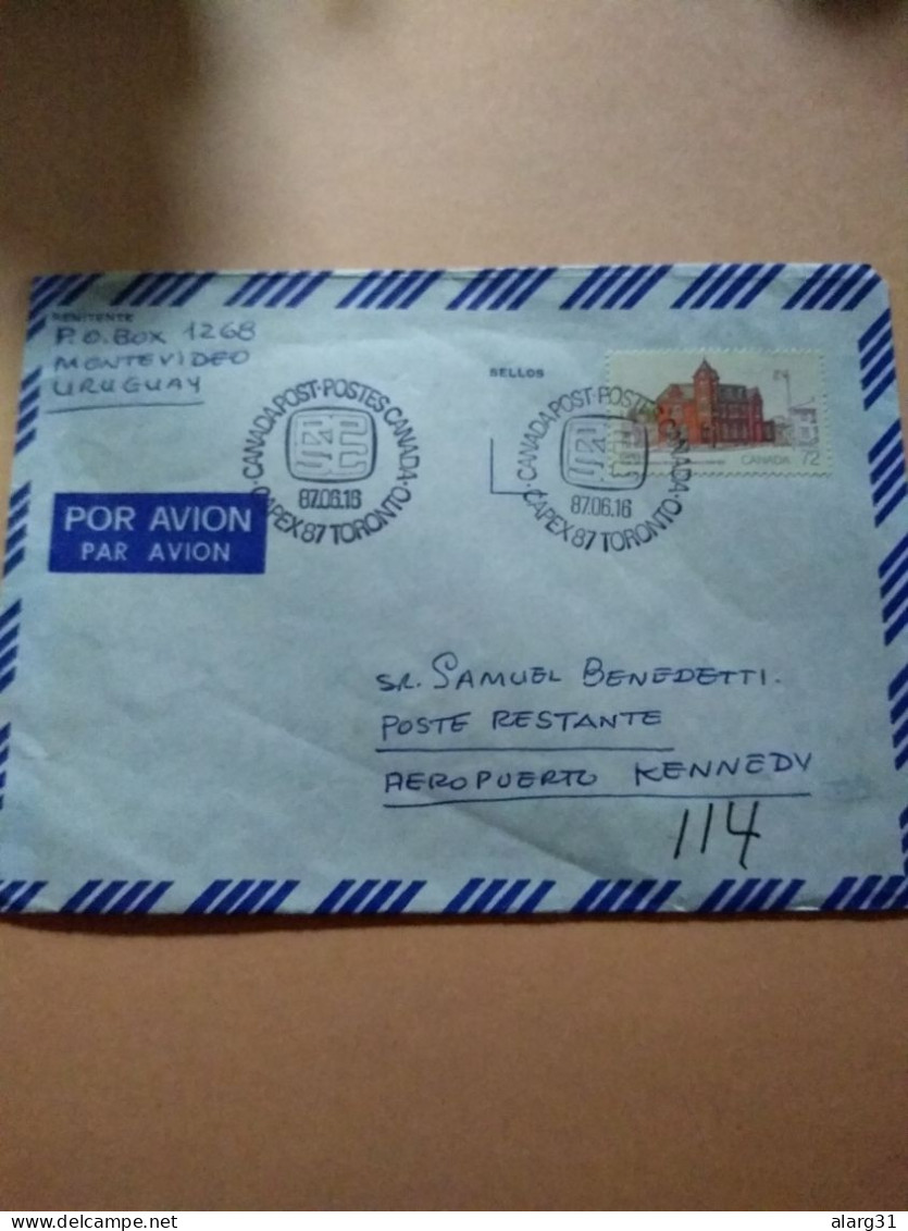 Canadá.usa.uruguay.3 Countries Cover Posted At Capex 87 In Toronto.kennedy Airport Pmk.reg Letter E7 Conmems For Pos - Lettres & Documents