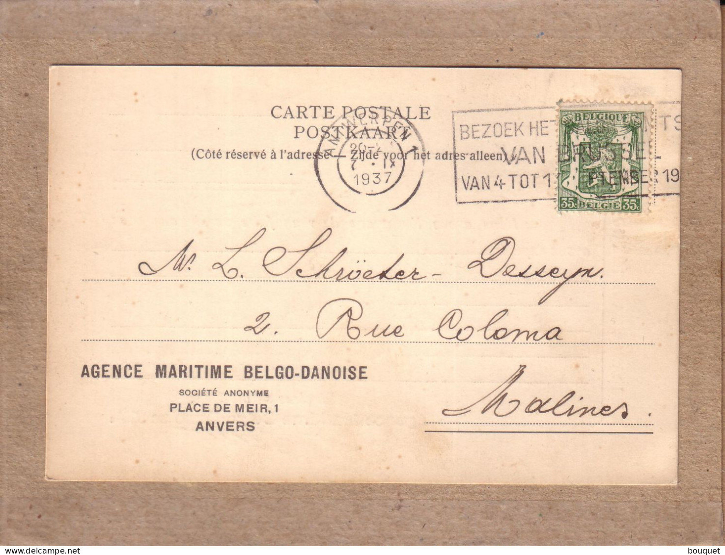 BELGIQUE - CARTE POSTALE PRIVEE AGENCE MARITIME BELGO DANOISE ANVERS POUR BRUXELLES  , LION HERALDIQUE 35 C - 1937 - 1929-1937 Heraldieke Leeuw