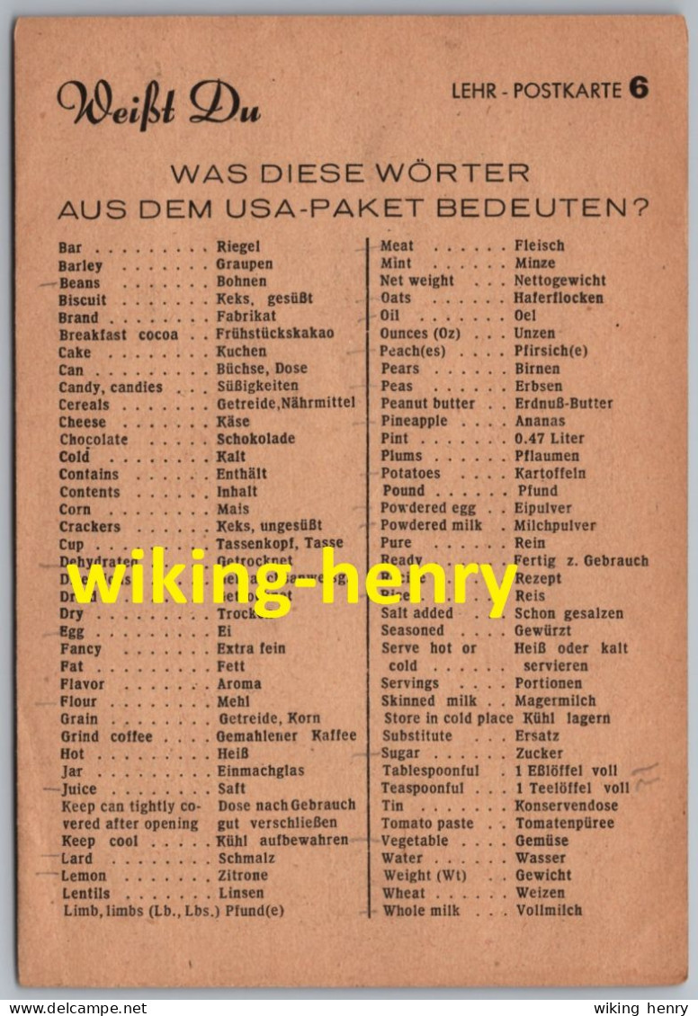 Pfungstadt - Lehr Postkarte 6   Weißt Du Was Diese Wörter Aus Dem USA Paket Bedeuten ?   Hilfspakete Der Besatzungsmacht - Pfungstadt