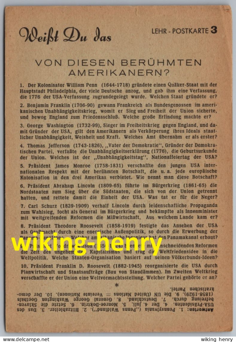 Pfungstadt - Lehr Postkarte 3   Weißt Du Das Von Diesen Berühmten Amerikanern ? USA - Pfungstadt