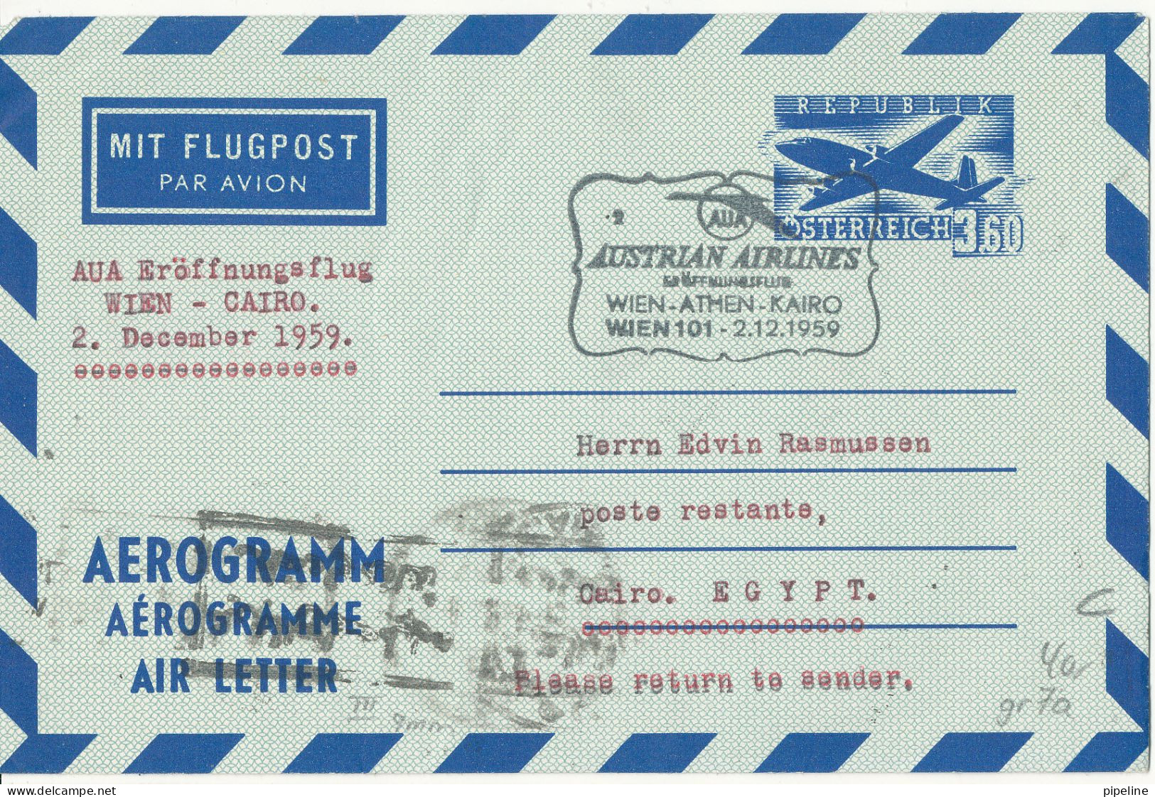 Austria Aerogramme First Flight Austrian Airlines Wien - Athen - Cairo -Wien 2-12-1959 - Primeros Vuelos