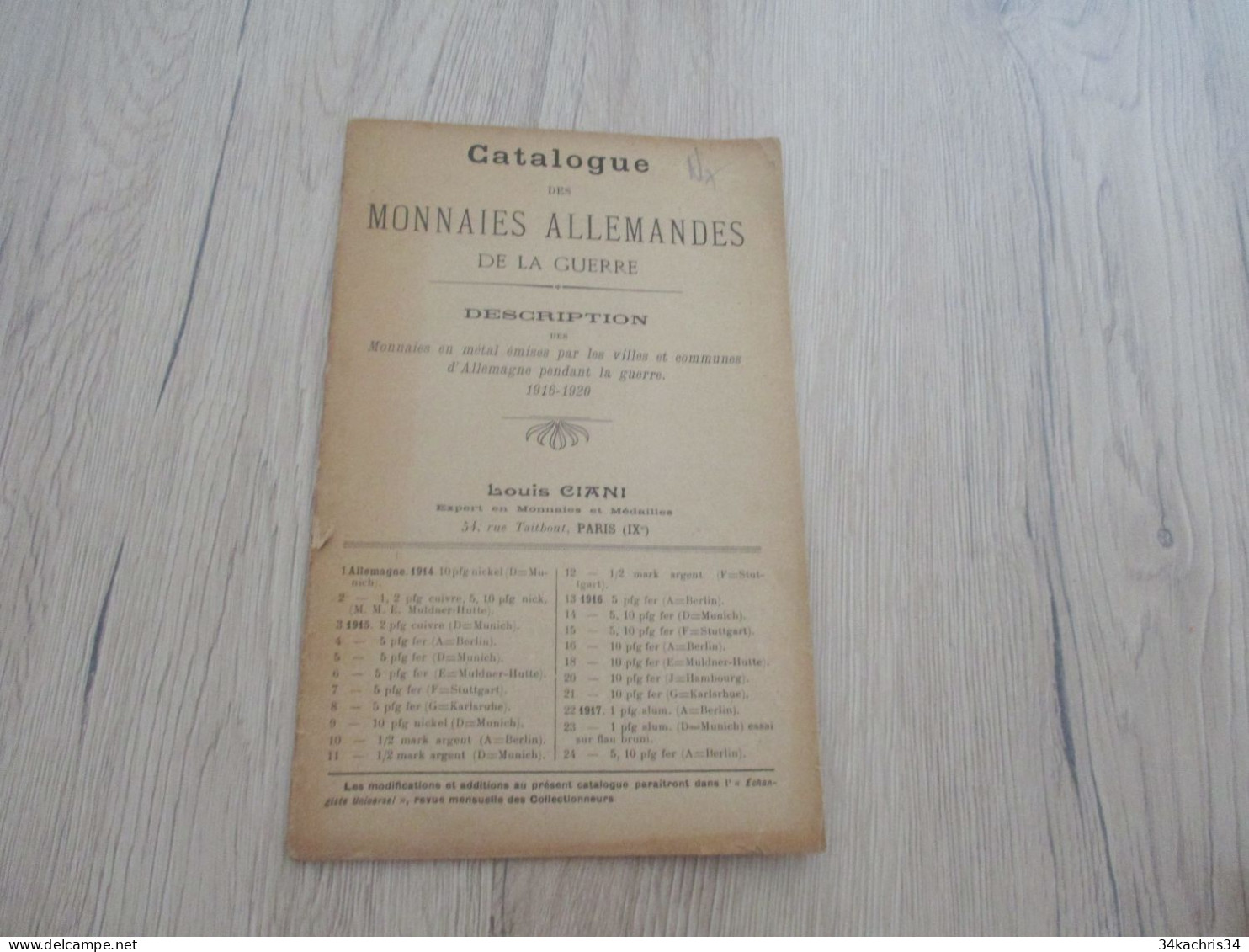 N7 Catalogue Illustré De Vente Des Monnaies Allemandes De La Guerre 1916/1919 L.Ciani Couverture Manquante? - Livres & Logiciels