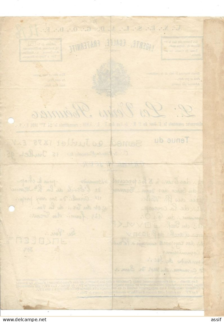 Vitry Le François 1895 Loge Maçonnique " Les Vertus Réunies " Ordre Du Jour D'une Tenue - Historical Documents