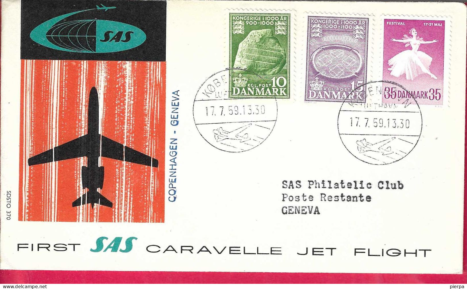 DANMARK - FIRST CARAVELLE FLIGHT - SAS - FROM KOBENHAVN TO GENEVA *17.7.59* ON OFFICIAL COVER - Poste Aérienne