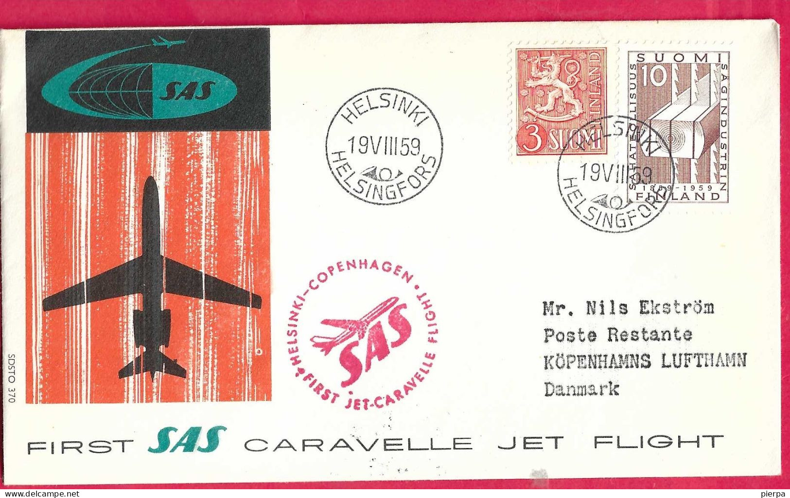 DANMARK - FIRST CARAVELLE FLIGHT - SAS - FROM HELSINKI TO KOBENHAVN *19.7.59* ON OFFICIAL COVER - Covers & Documents