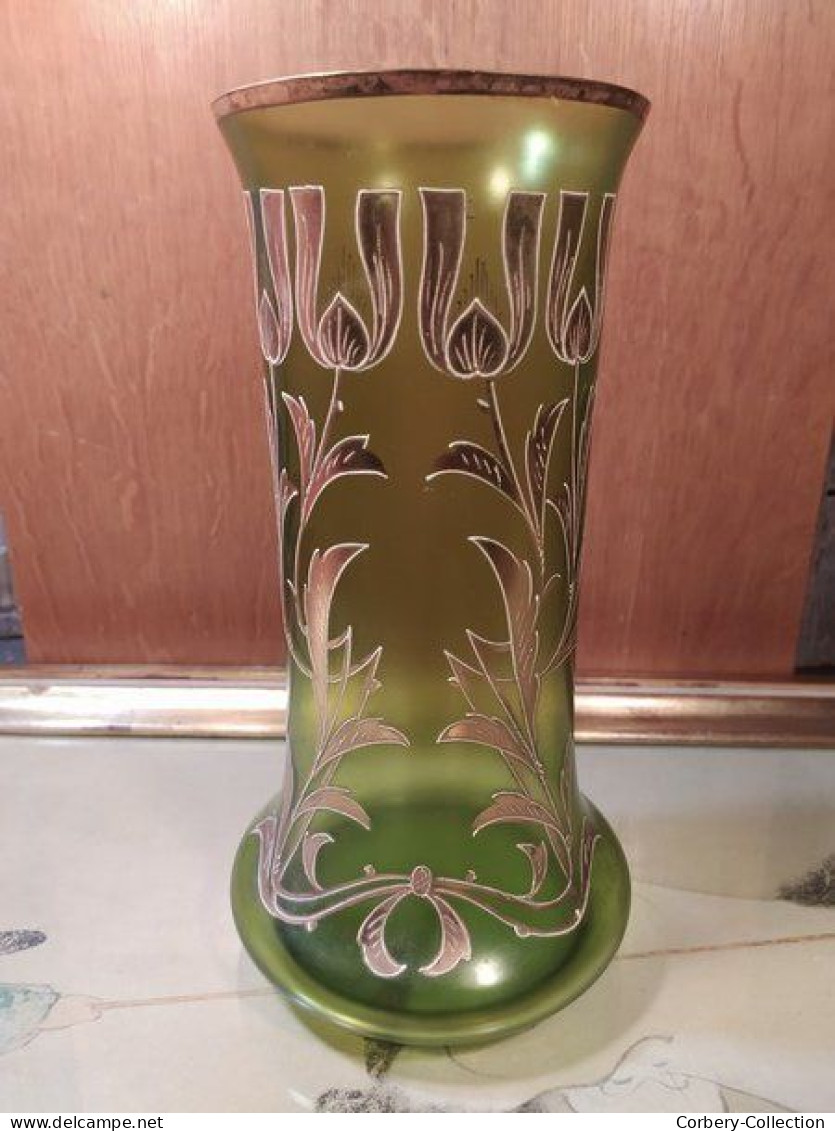 Vase Verre Émaillé Legras Décor De Fleurs & Ruban Doré Non Signé - Verre & Cristal
