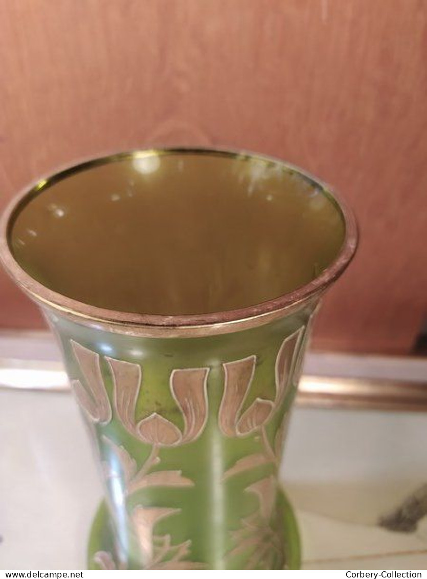 Vase Verre Émaillé Legras Décor De Fleurs & Ruban Doré Non Signé - Verre & Cristal