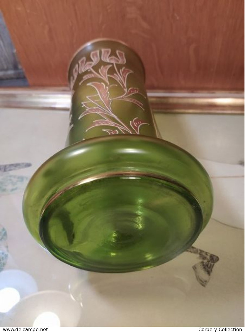 Vase Verre Émaillé Legras Décor de Fleurs & Ruban Doré Non signé