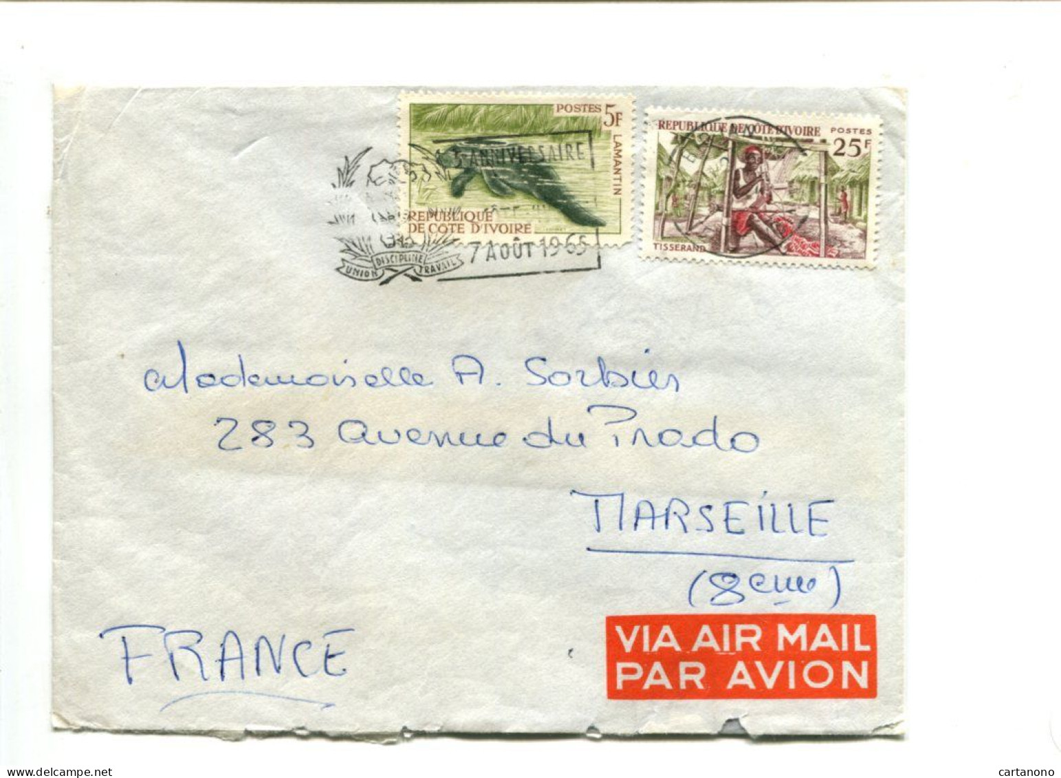 COTE D'IVOIRE -  Affranchissement Sur Lettre - Tisserand / Faune Lamantin - Côte D'Ivoire (1960-...)
