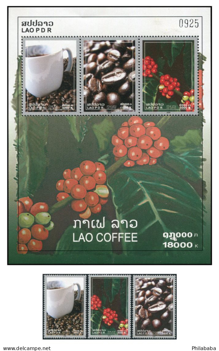 LAOS 2008 - YT 1679-81 + BF 174 ; Mi# 2056-58 + BL 205 ; Sc 1734-37 MNH Coffee - Laos