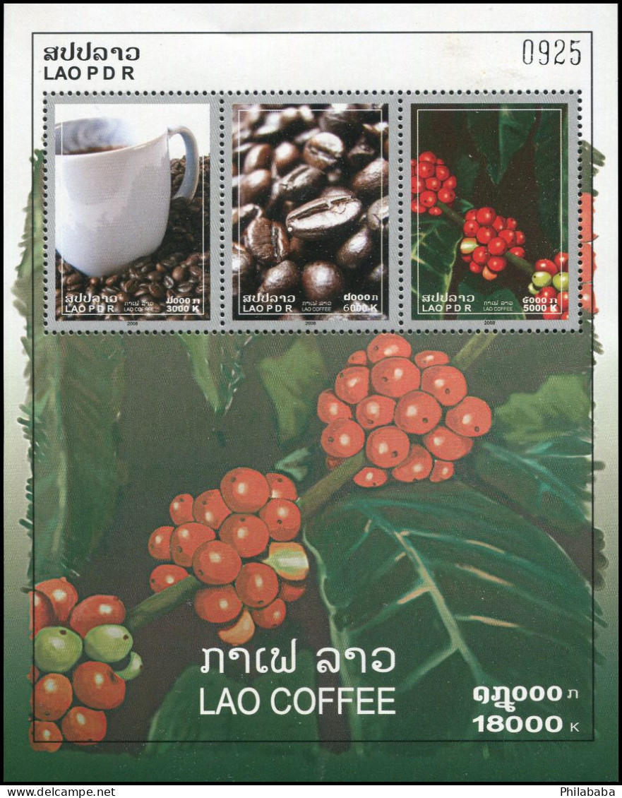 LAOS 2008 - YT 1679-81 + BF 174 ; Mi# 2056-58 + BL 205 ; Sc 1734-37 MNH Coffee - Laos