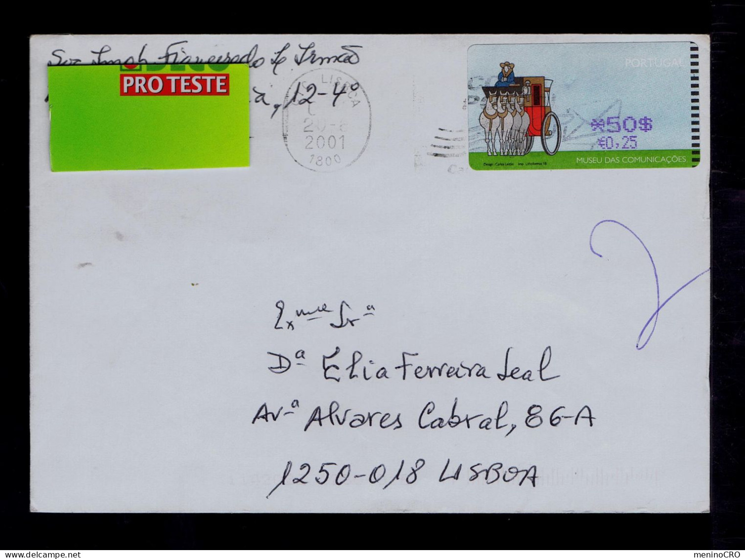 Gc7946 PORTUGAl Courrier Mail Diligences Stage-coaches /FRAMA Adhesive Stamp Mailed 2001 - Doble Taxes €+$ - Stage-Coaches