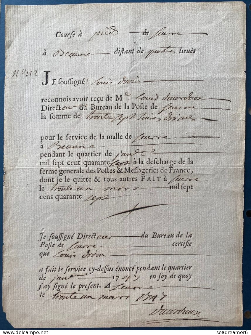 31 Mars 1747 Reçu De SEURRE Du Directeur Du Bureau De Postes De Confirmation D'une Course à Pieds De 4 Lieues! SUP & RR - ....-1700: Precursori