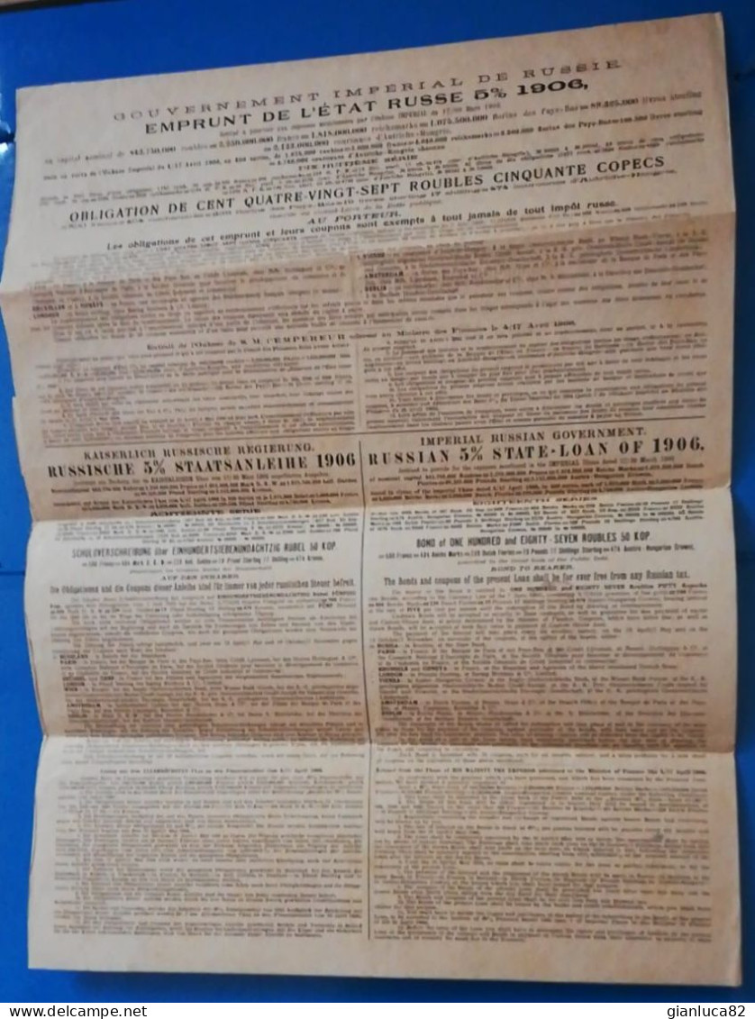 Lotto N.3 Bond 1906 Al 5% Antico Stato Imperiale Russia 187.50 Rubli (24) Come Foto Ripiegato Pieghe Tecniche 18, 40, 99 - Russia