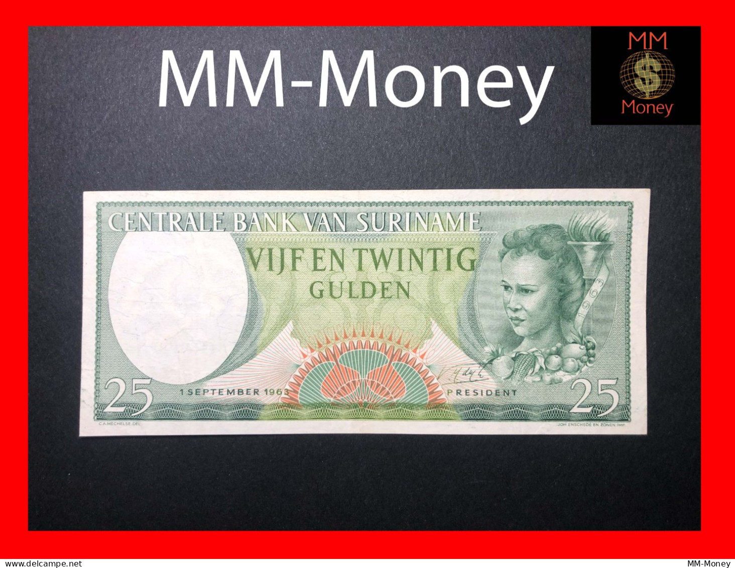 SURINAME 25 Gulden 1.9.1963  P. 122   *scarce*   **low Serial 000667**   VF \ AXF - Surinam