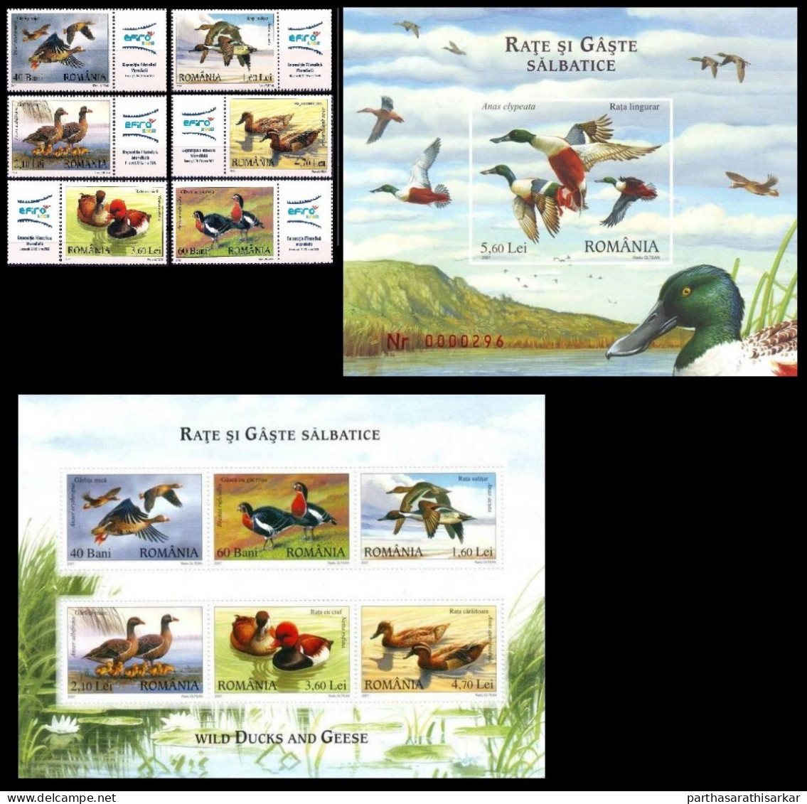 ROMANIA 2007 BIRDS GEESE COMPLETE SET WITH 2 MINIATURE SHEET MS MNH - Gansos