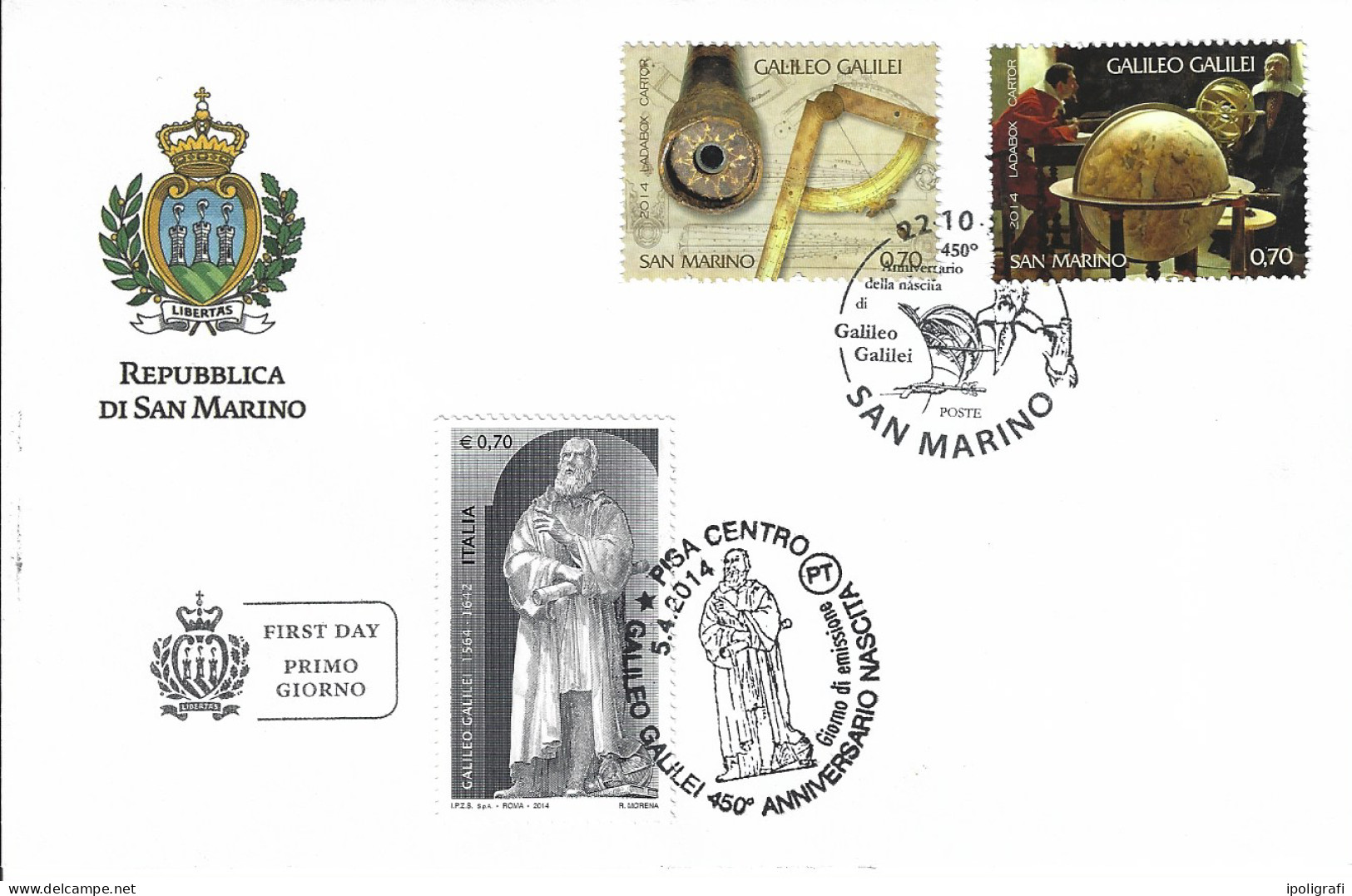 San Marino 2014 Fdc Congiunta Con L' Italia,  Galileo Galilei, Annulli Speciali, Bella - Lettres & Documents