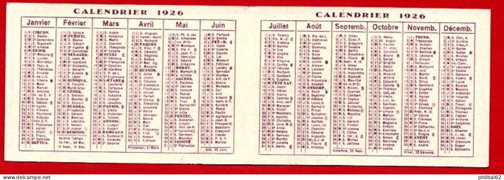 Petit Calendrier Publicitaire, Cachet Genneau. Année 1926. - Petit Format : 1921-40