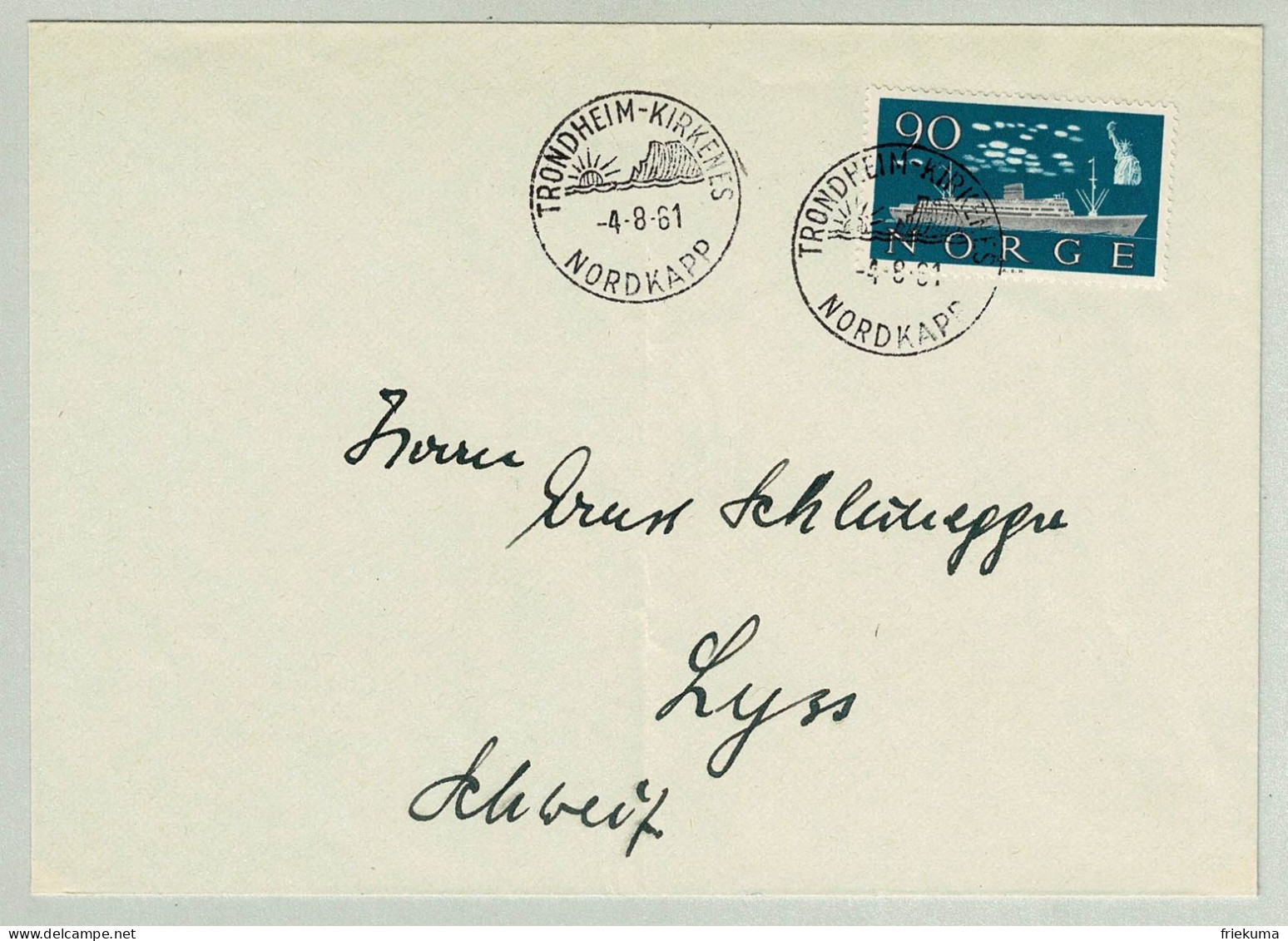 Norwegen / Norge 1961, Brief Trondheim Nordkapp - Lyss (Schweiz), Cap Nord / North Cape, Schiff / Ship - Géographie