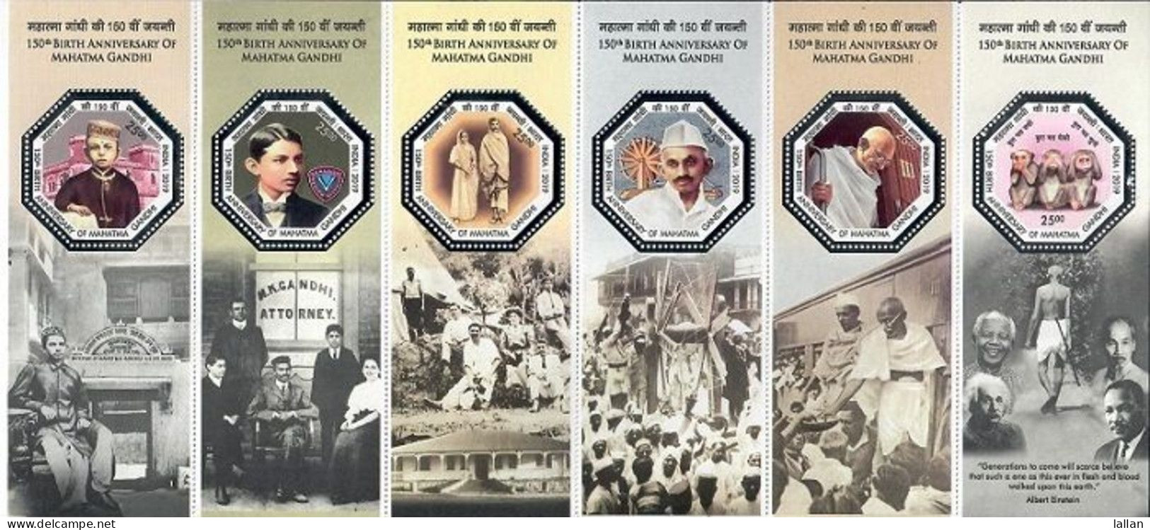 150th Birth-Anniv., 6V-MS, Error-No Vertical Perforation Between The Last To Stamps, Check 4rth Image, 2019 SHTALM2 - Mahatma Gandhi