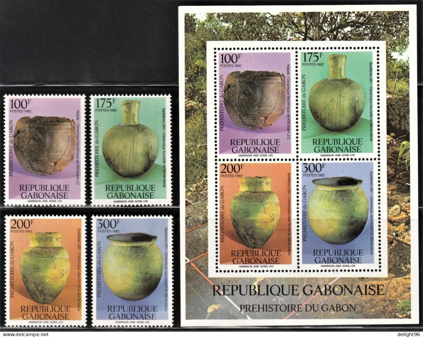 1992 Gabon Prehistoric Findings: Clay Pottery Set And Minisheet (** / MNH / UMM) - Autres & Non Classés