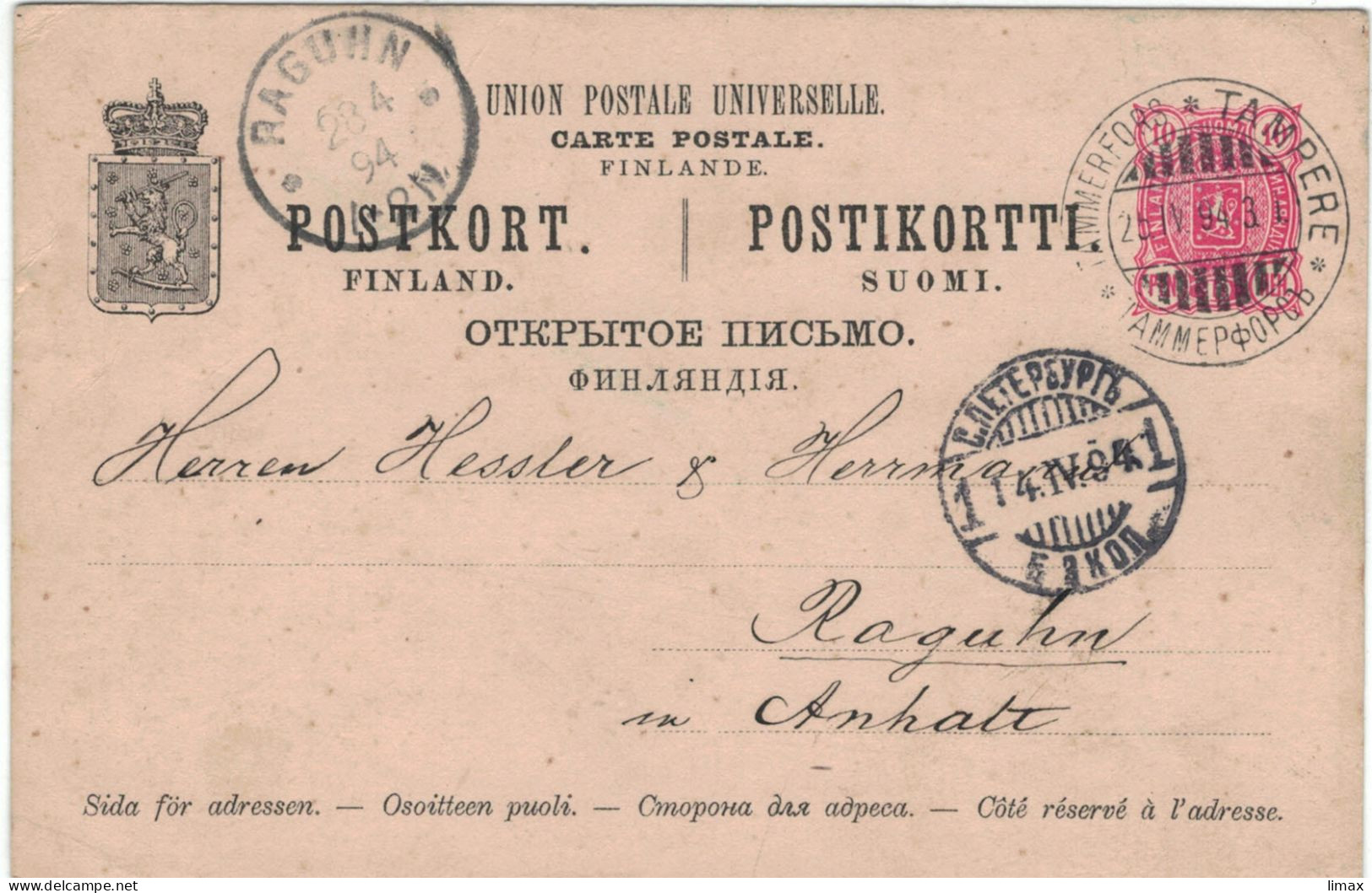 Ganzsache Carl Herrmann Tampere 25.4.1894 Zensur 14.4.1894 > Raguhn 23.4.1894 - Bestellung Arac Essenz De Goa - Greg.kal - Briefe U. Dokumente