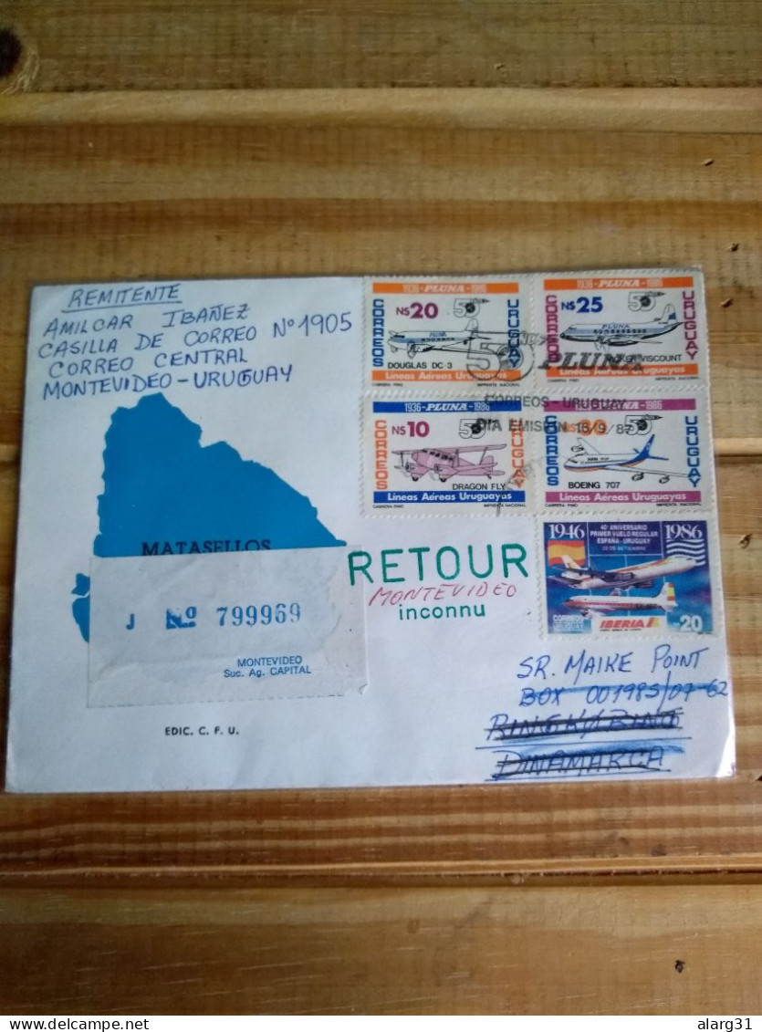 Uruguay.denmark.return.reg.aviation Ringkobing Lhouse Pmk..e7 Reg Post.conmem.1 Or 2 Pieces. - Lettres & Documents