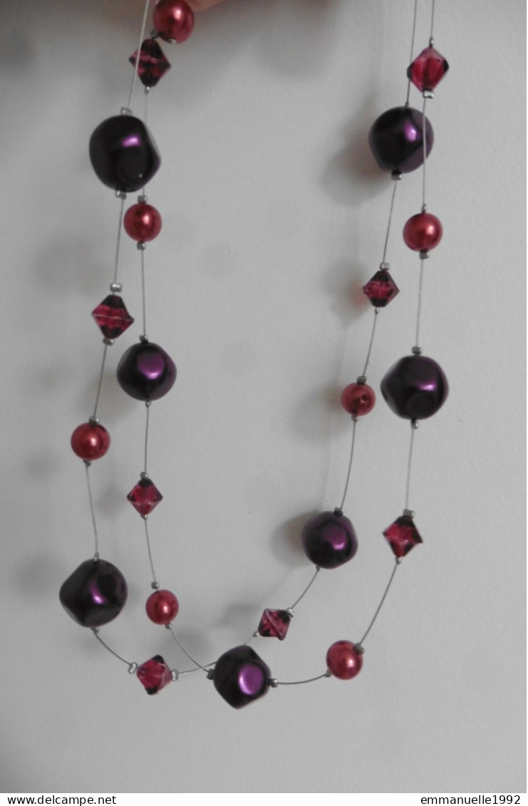 Collier Deux Rangs Sur Fil Cablé Perles Fantaisie Baroques Prune Et Cristaux Toupies Rouge Bordeaux - Necklaces/Chains