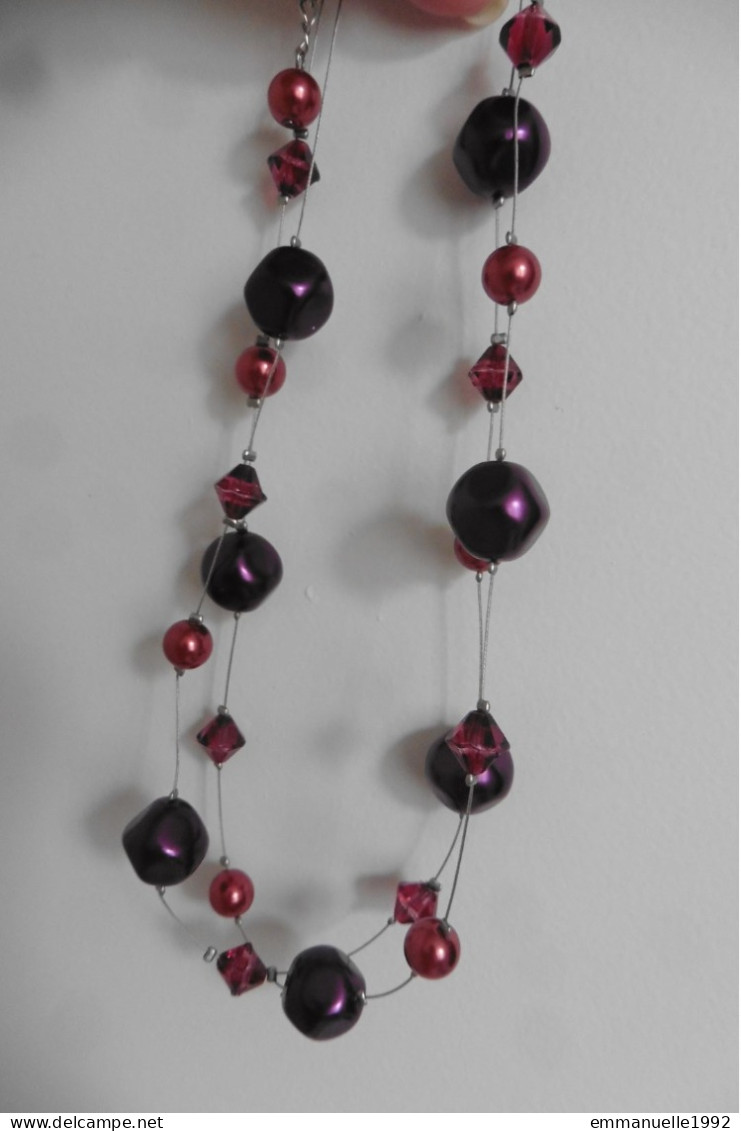 Collier Deux Rangs Sur Fil Cablé Perles Fantaisie Baroques Prune Et Cristaux Toupies Rouge Bordeaux - Necklaces/Chains