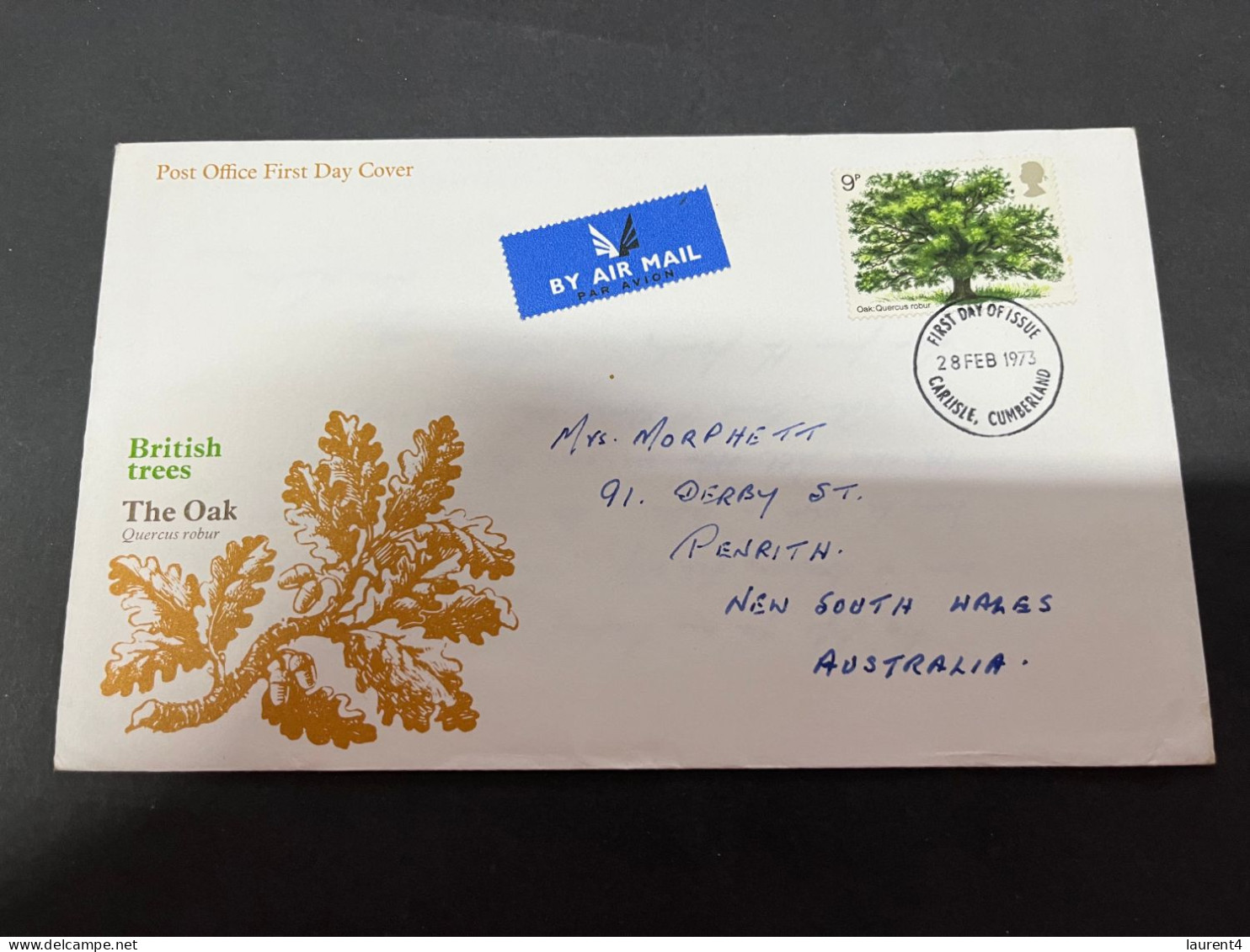 18-9-2023 (1 U 30) UK FDC Cover (1 Cover) 1973 (posted To Australia Under-paid) British Trees - 1971-1980 Decimal Issues