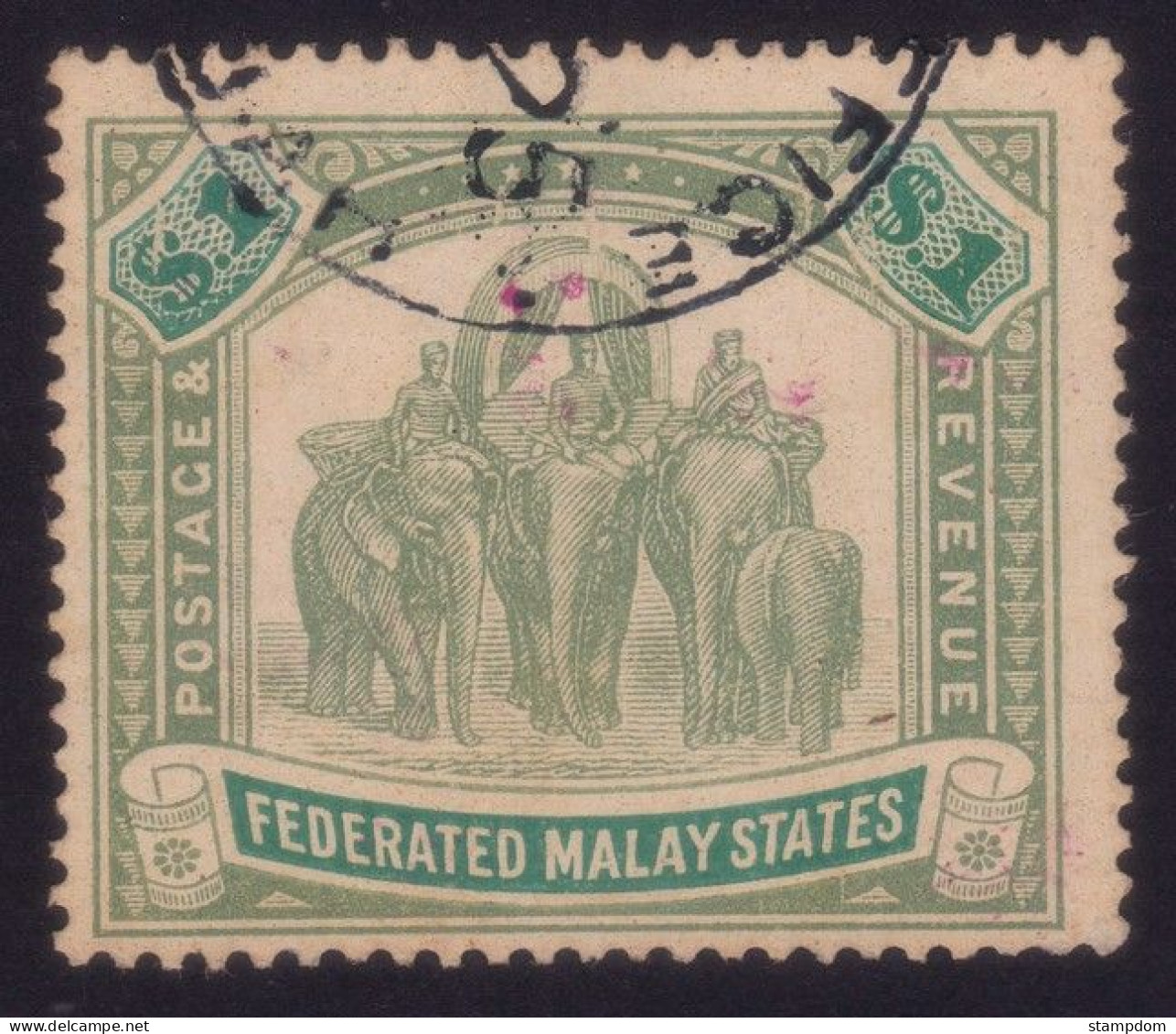 FEDERATED MALAY STATES FMS 1907 $1 Wmk.MCA Sc#34 Fiscal USED - Surface Scuffs @TE282 - Federated Malay States