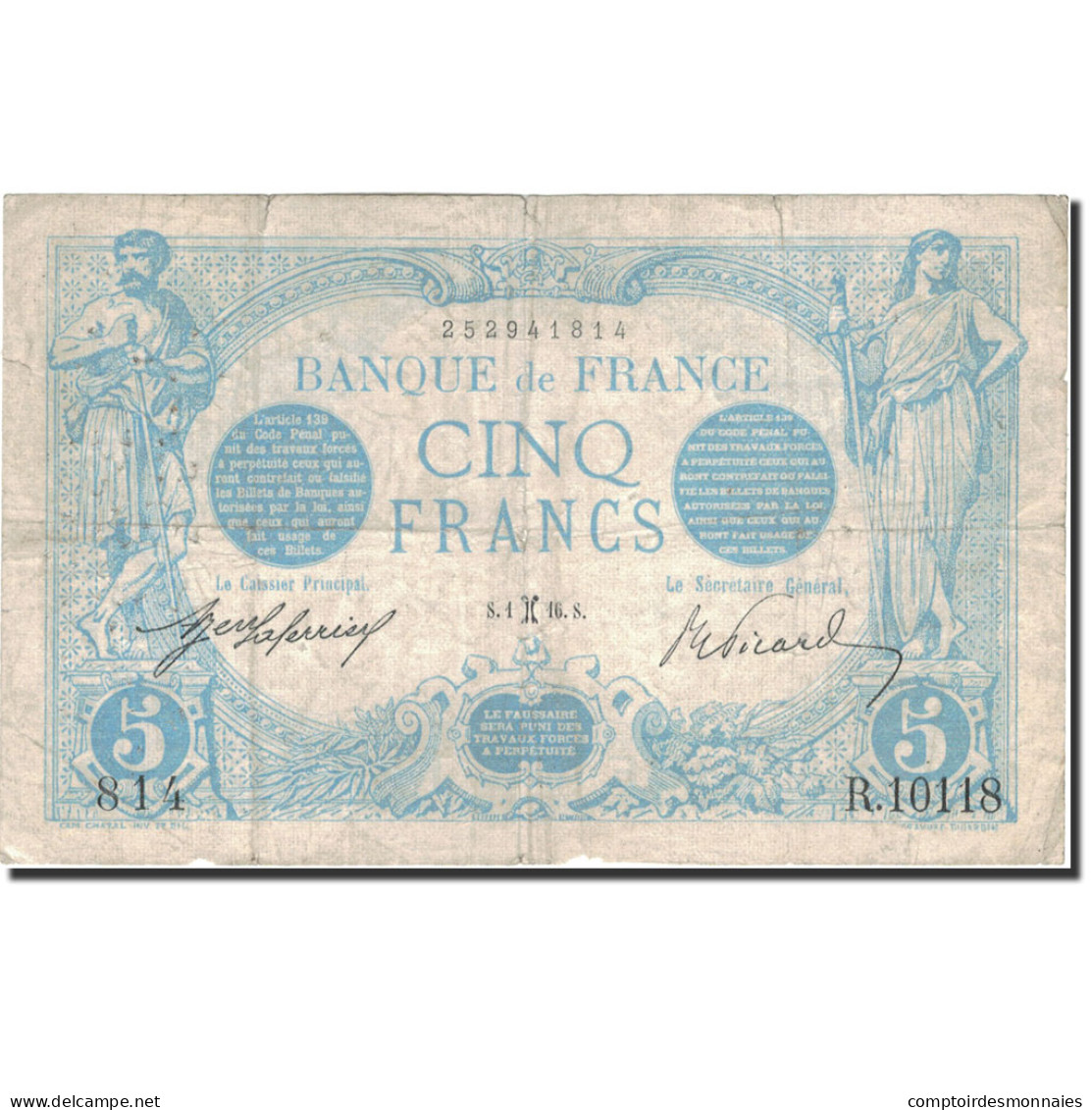 France, 5 Francs, Bleu, 1916, 1916-02-01, TB, Fayette:2.36, KM:70 - 5 F 1912-1917 ''Bleu''