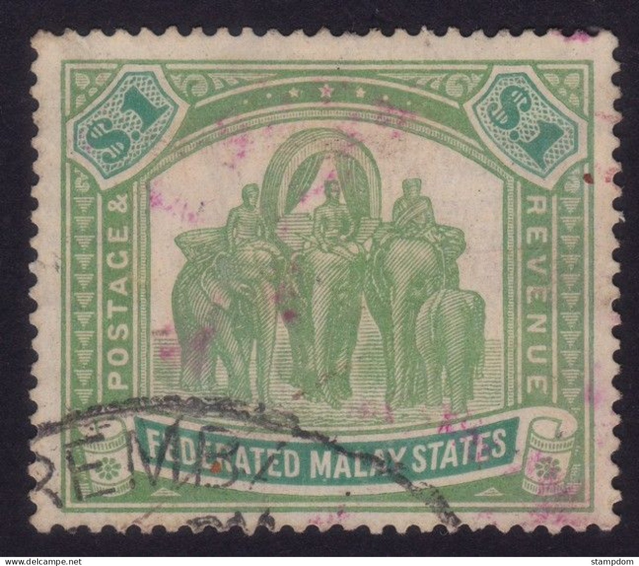 FEDERATED MALAY STATES FMS 1922 $1 Wmk.MSCA Sc#73 USED SeREMBan Registered Cancel @TE277 - Federated Malay States