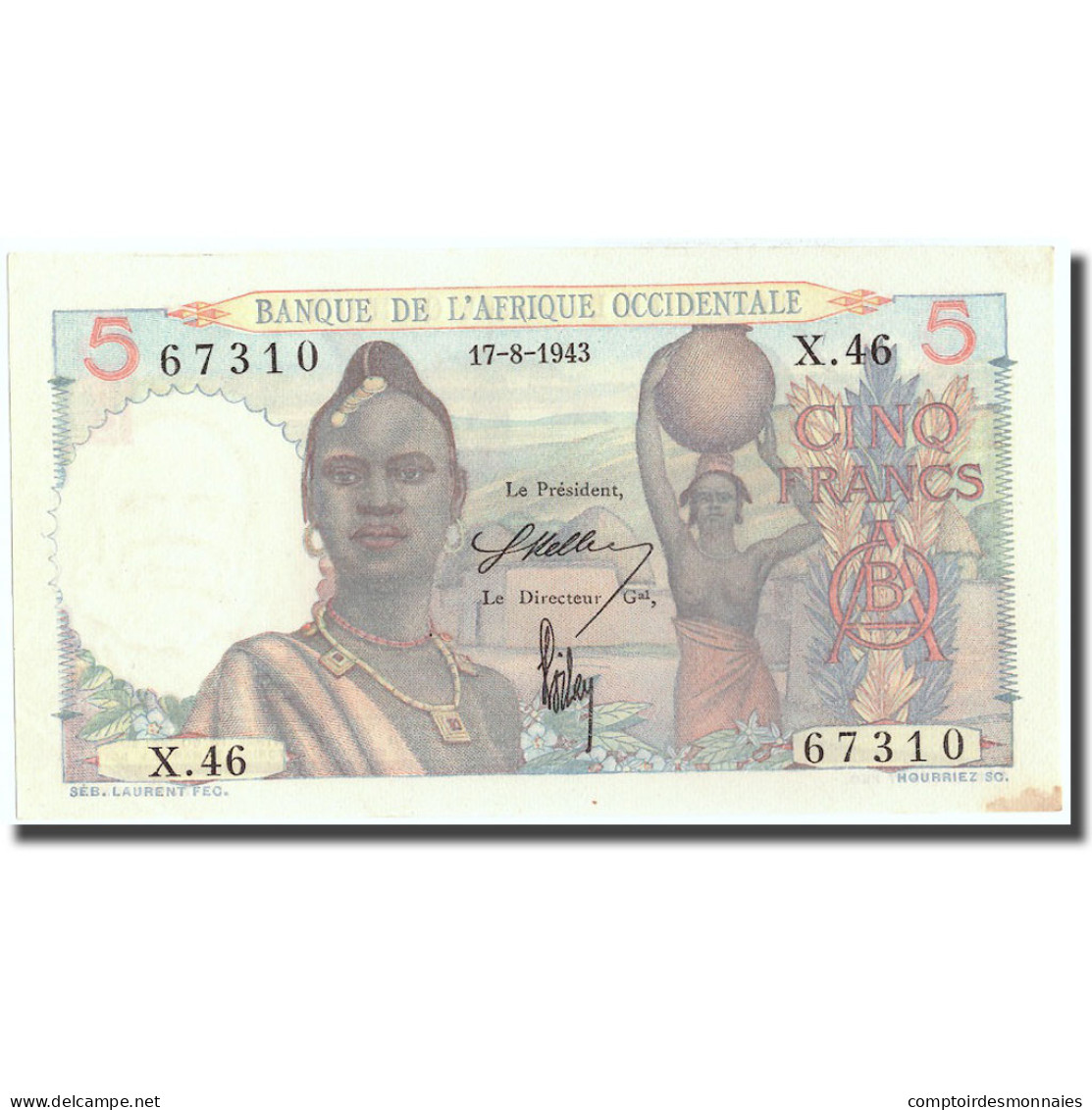 Billet, French West Africa, 5 Francs, 1943, 1943-08-17, KM:36, SPL - États D'Afrique De L'Ouest