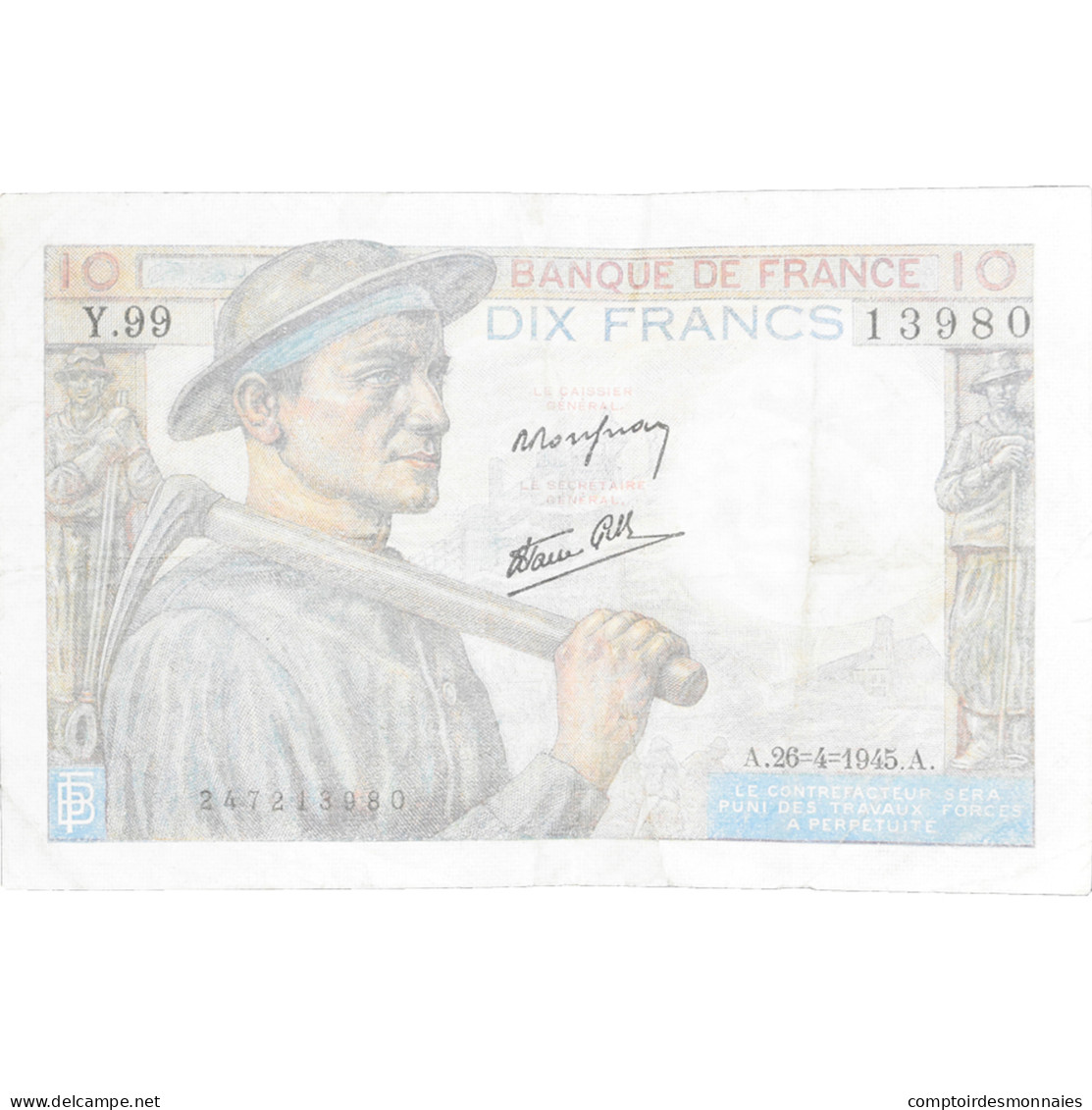 France, 10 Francs, Mineur, 1945, Y.99 13980, TB, Fayette:8.14, KM:99b - 10 F 1941-1949 ''Mineur''