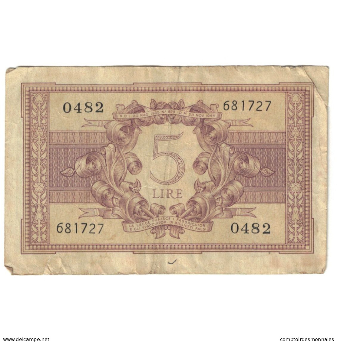 Billet, Italie, 5 Lire, 1944, 1944-11-23, KM:31c, TTB - Regno D'Italia – 5 Lire