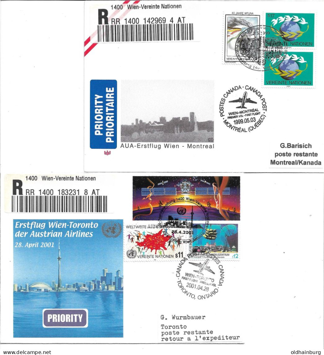 2272b: Zwei Rekobriefe 1400 UNO Wien Nach Montreal Und Toronto Hohe Frankaturen, Austrian Airlines 1999+ 2001 - Storia Postale