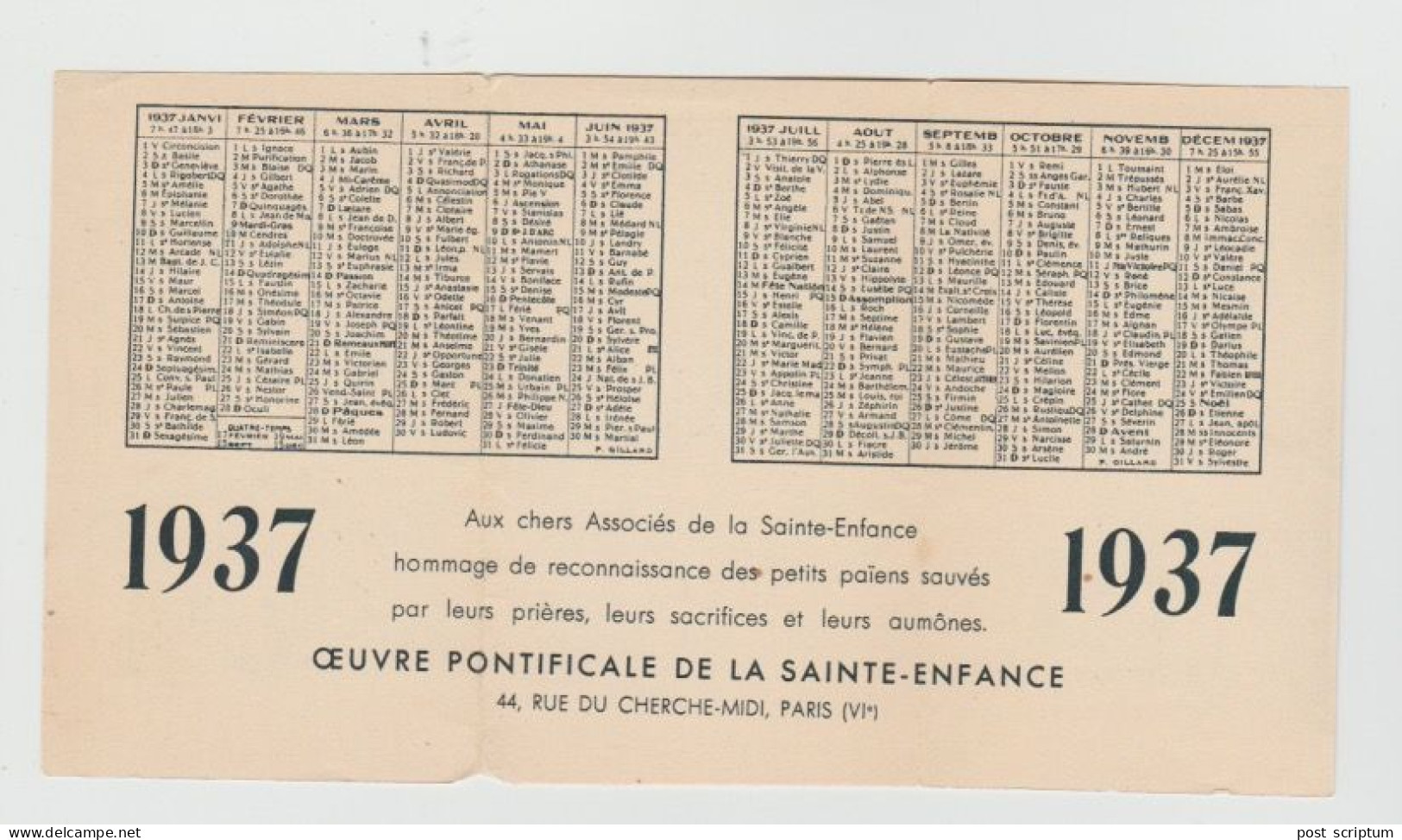 Vieux Papiers - Calendrier - 1937 - Oeuvre Pontificale De La Sainte Enfance Rue Du Cherche Midi Paris Tunisie Malacca - Petit Format : 1921-40