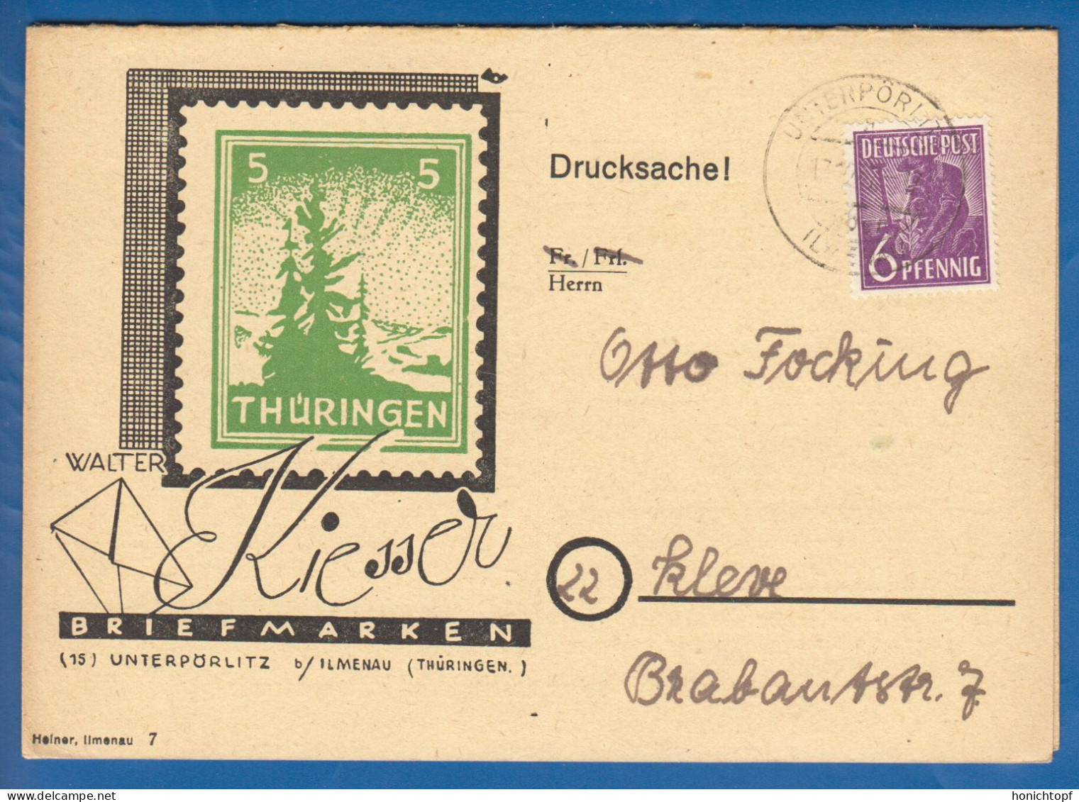 Deutschland; Alliierte Besetzung MiNr. 944; 1947; Drucksache Ilmenau Briefmarkenangebot Thüringen; Ganzsache - Postal  Stationery