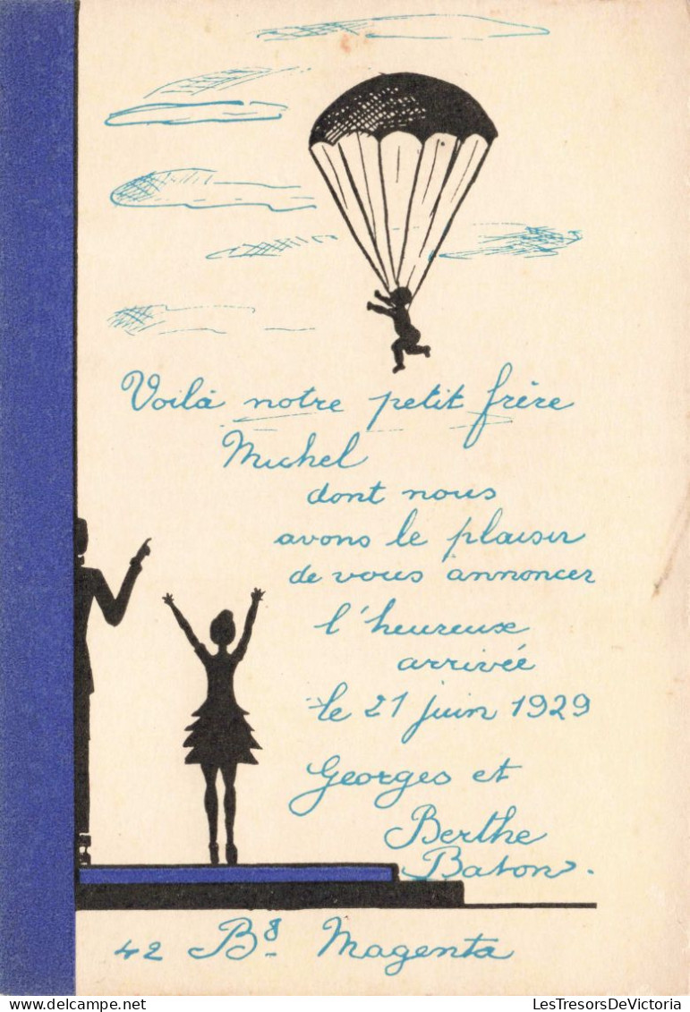 SILHOUETTE - Un Bébé Arrivant En Parachute Chez Un Couple - Carte Postale Ancienne - Siluette