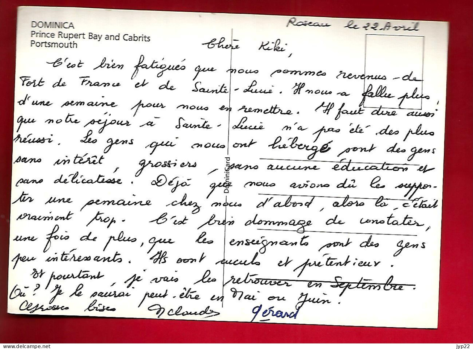 CP Antilles Dominica Dominique Prince Rupert Bay And Cabrits Portsmouth - écrite Au Roseau - Mauvaises Vacances !! - Dominique