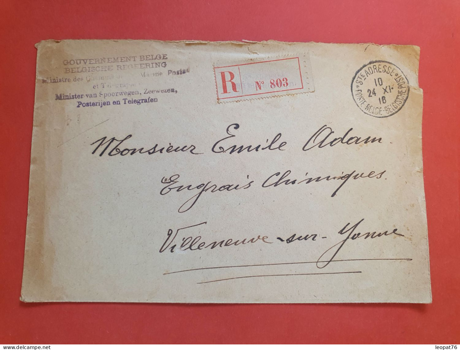 Belgique - Enveloppe Du Ministère (Chemin De Fer,Marine Et Postes) En Recommandé Pour Villeneuve/Yonne En 1916- Réf S 25 - Altri & Non Classificati