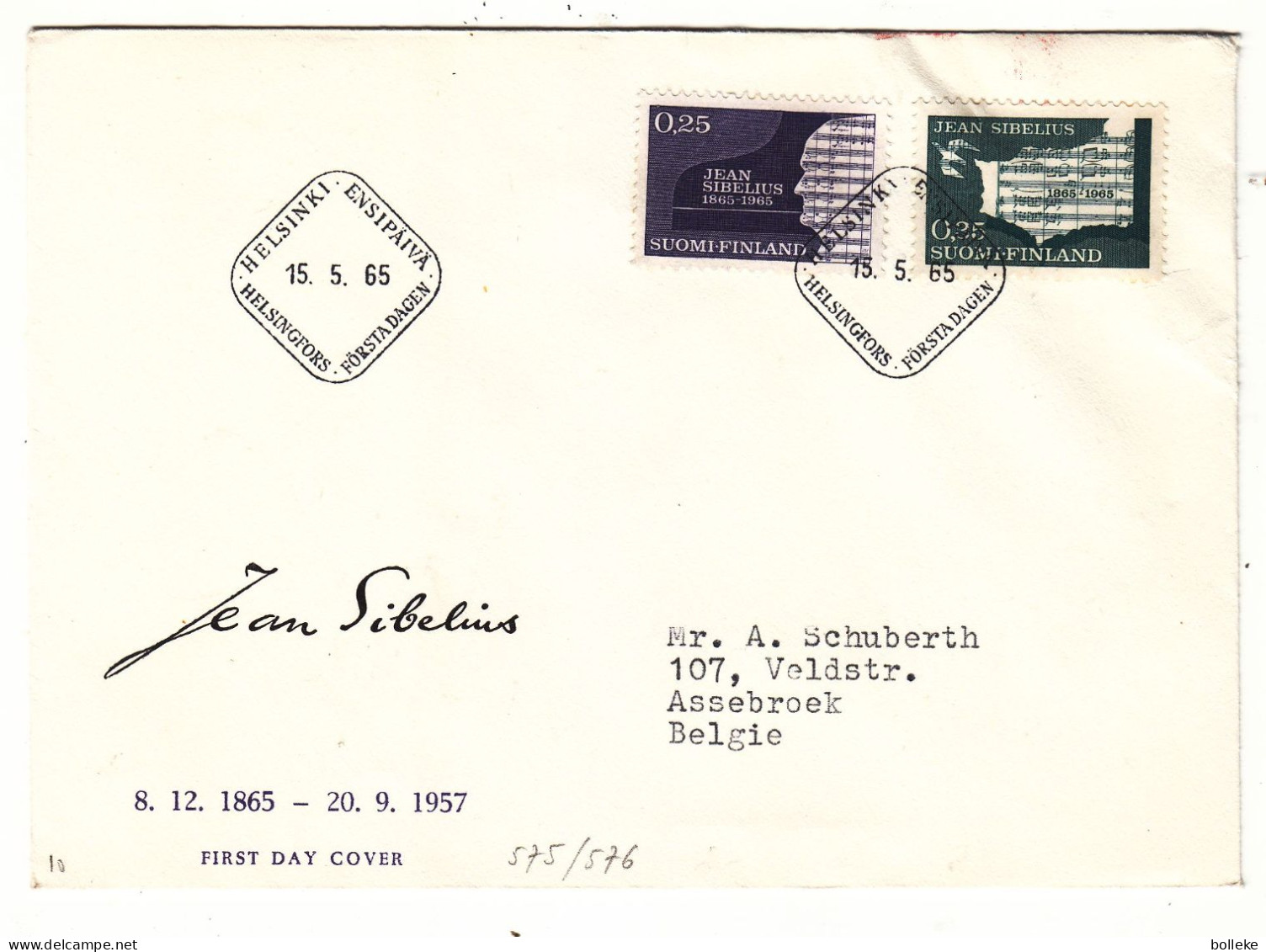 Finlande - Lettre FDC De 1965 - Oblit Helsinki - Musique - Sibelius - - Brieven En Documenten