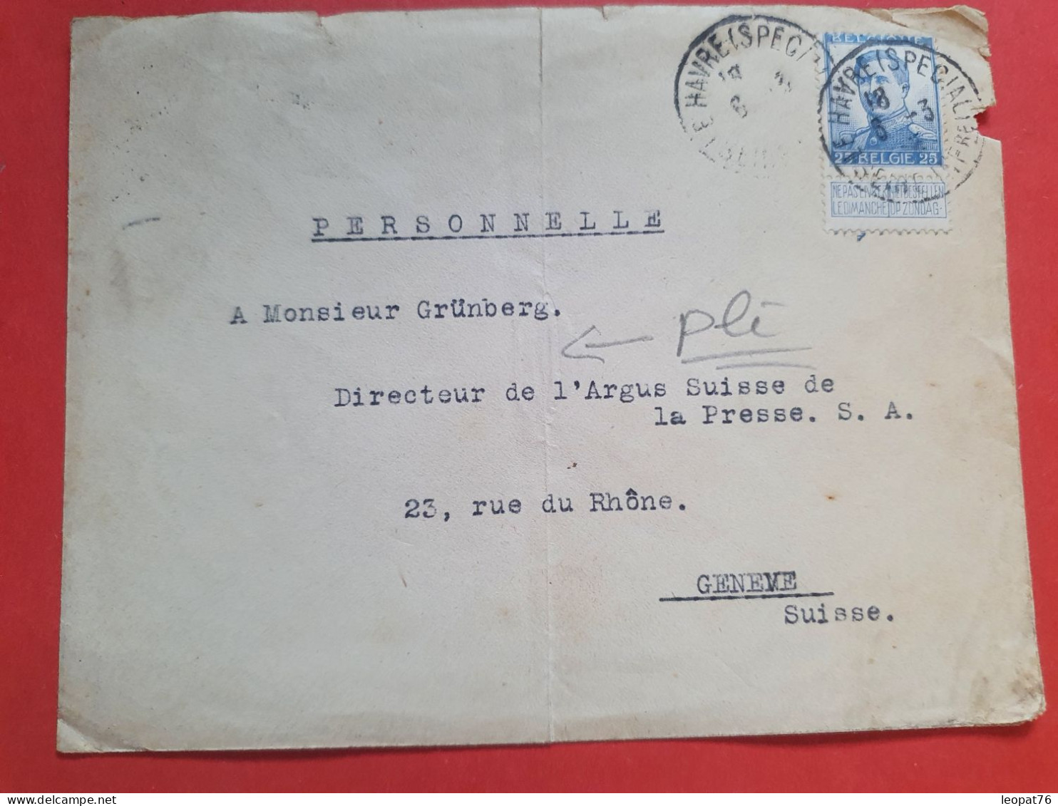 Belgique - Enveloppe Du Havre Pour Genève En 1915 ( Pli Central ) - S 44 - Sonstige & Ohne Zuordnung