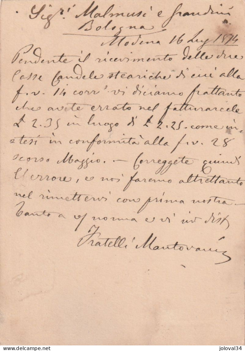 Italie Entier Postal  MODENA 14/8/1874 Pour Bologna - Postwaardestukken