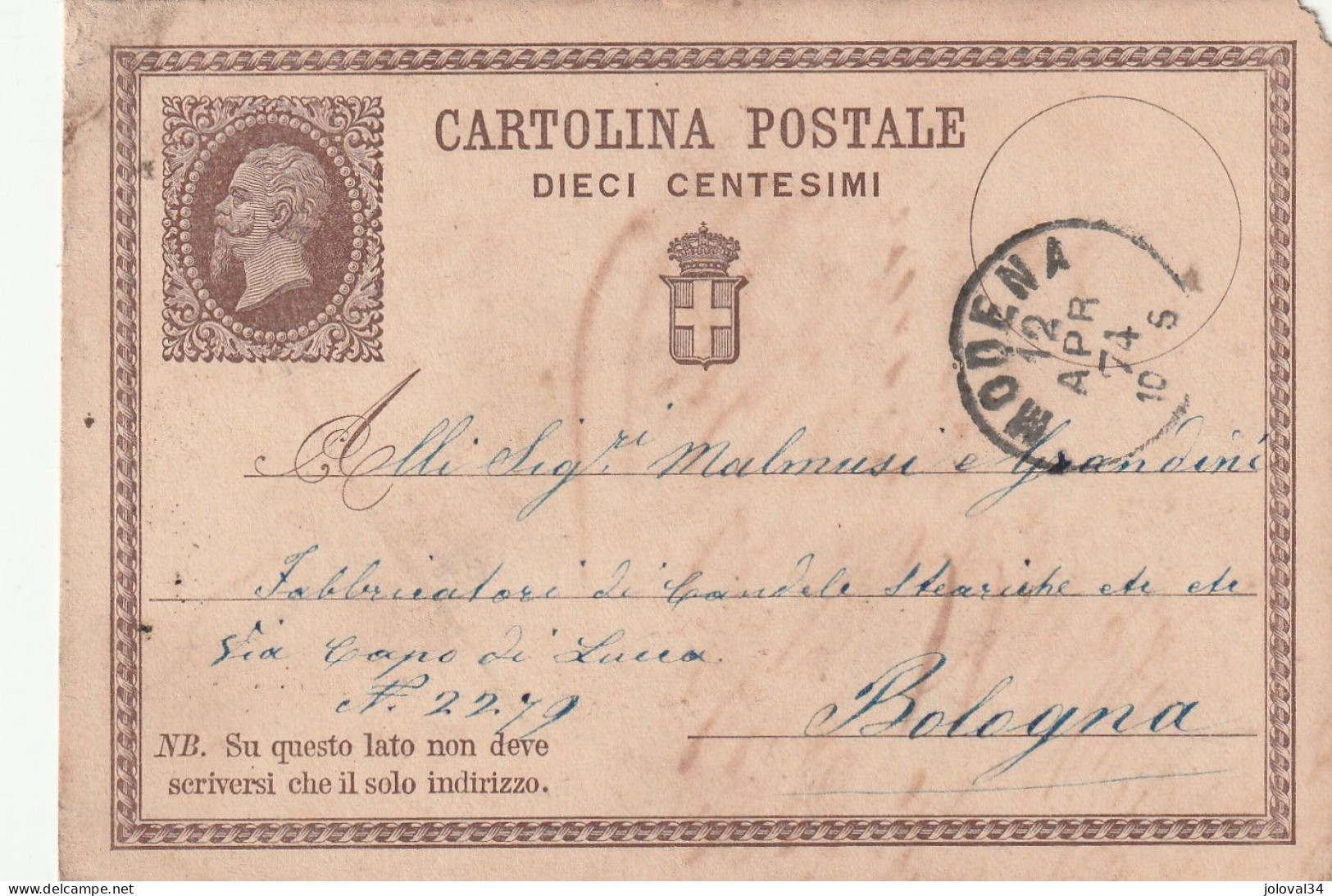 Italie Entier Postal  MODENA 12/4/1874 Pour Bologna - Interi Postali