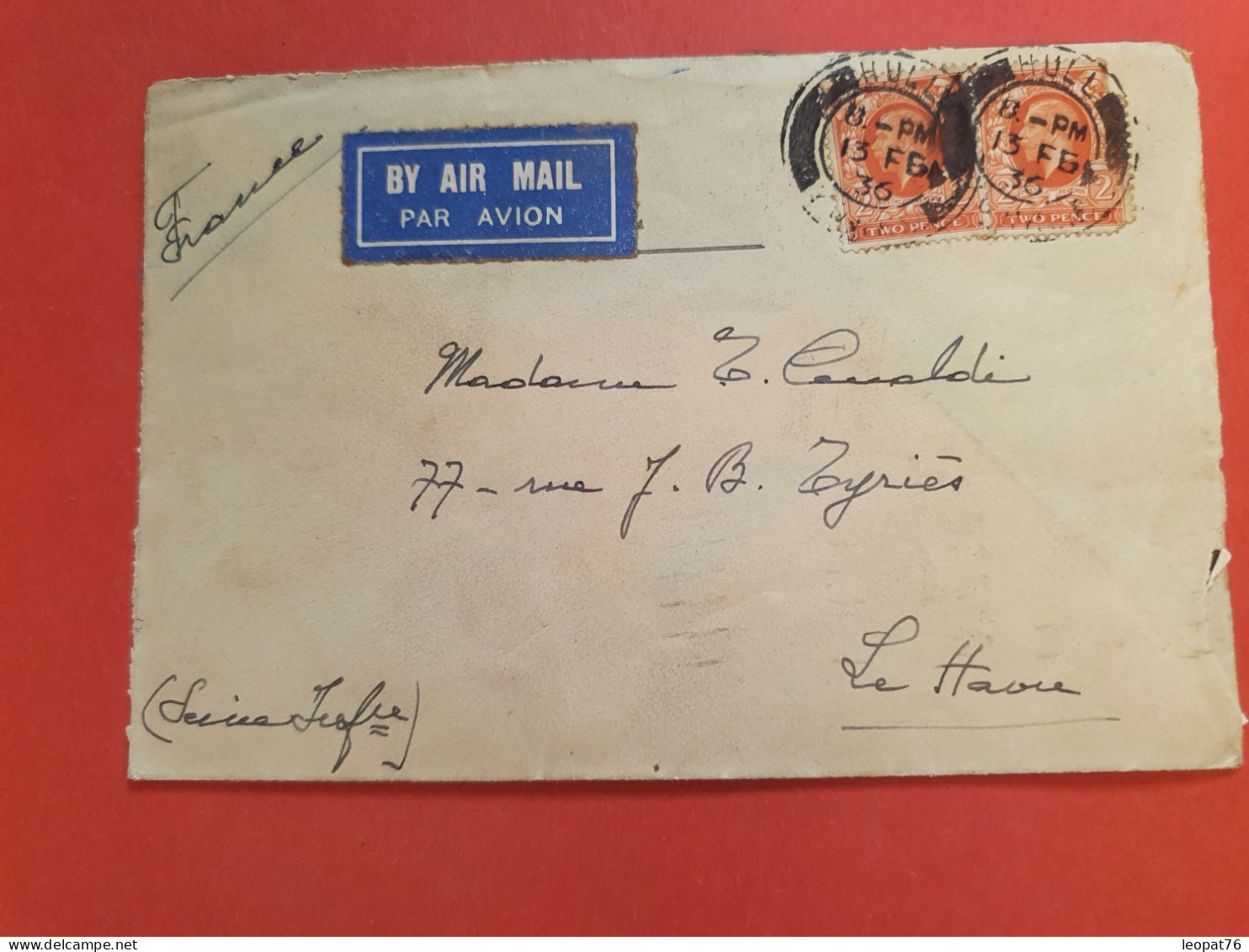 GB - Enveloppe De Hull Pour Le Havre Par Avion En 1936 - S 54 - Briefe U. Dokumente