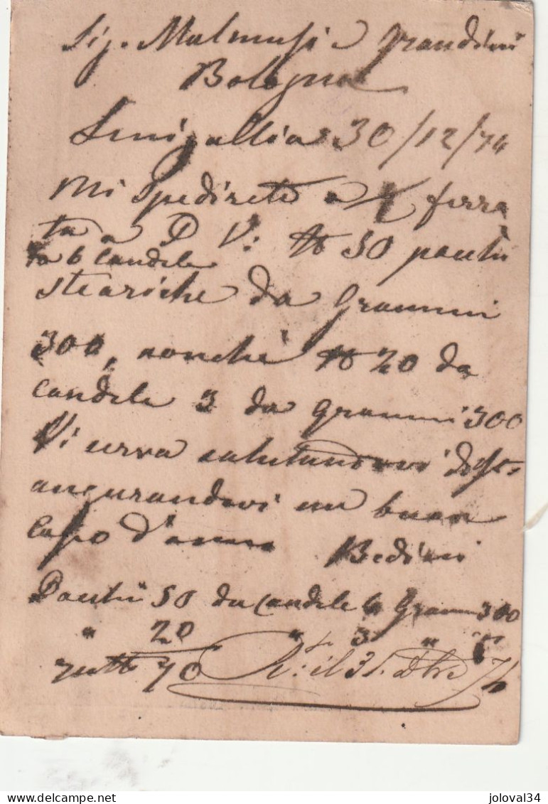 Italie Entier Postal  SENIGALLIA 30/12/1874 Pour Bologna - Postwaardestukken
