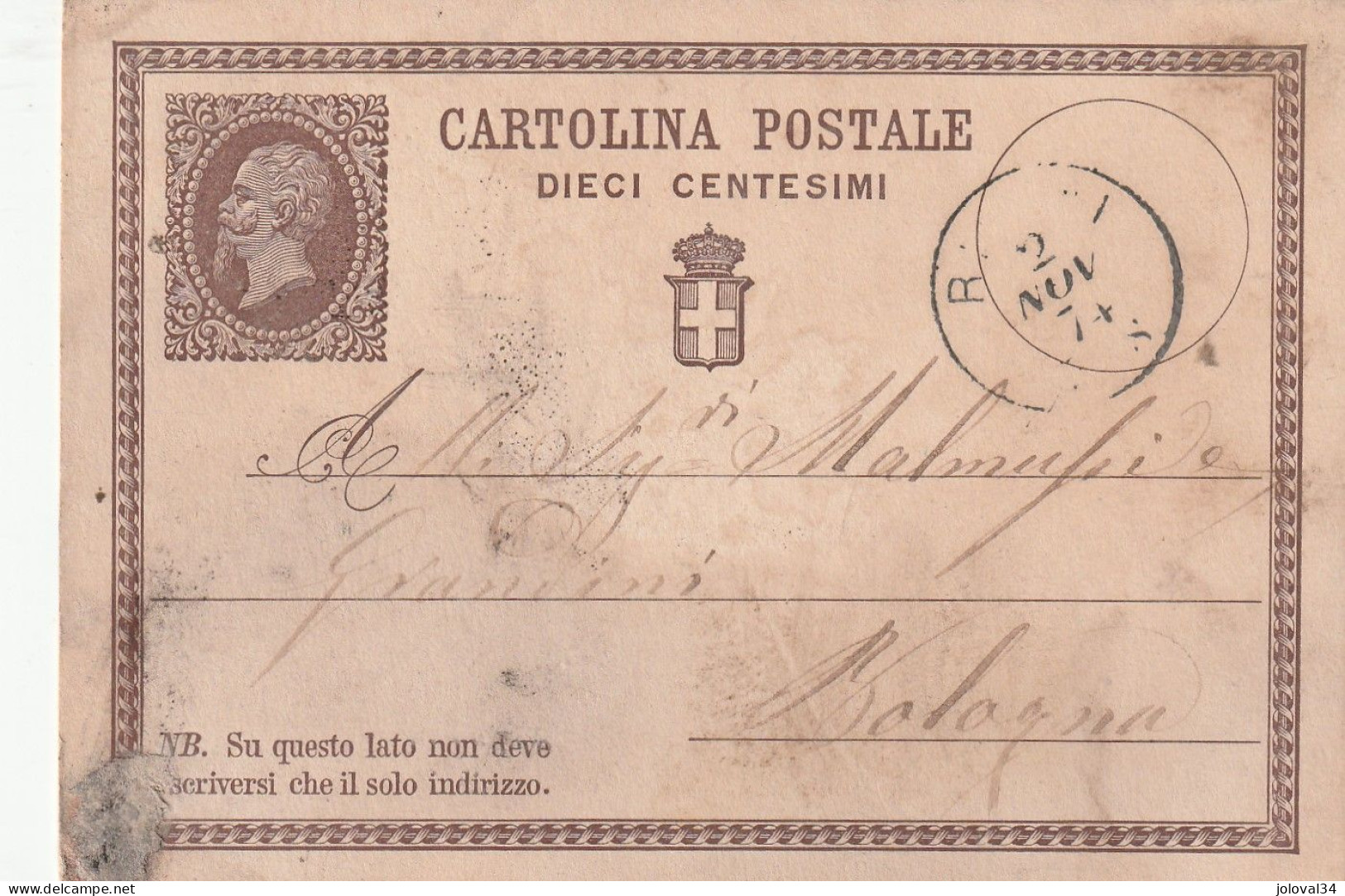 Italie Entier Postal  RIMINI 2/11/1874 Pour Bologna - Interi Postali