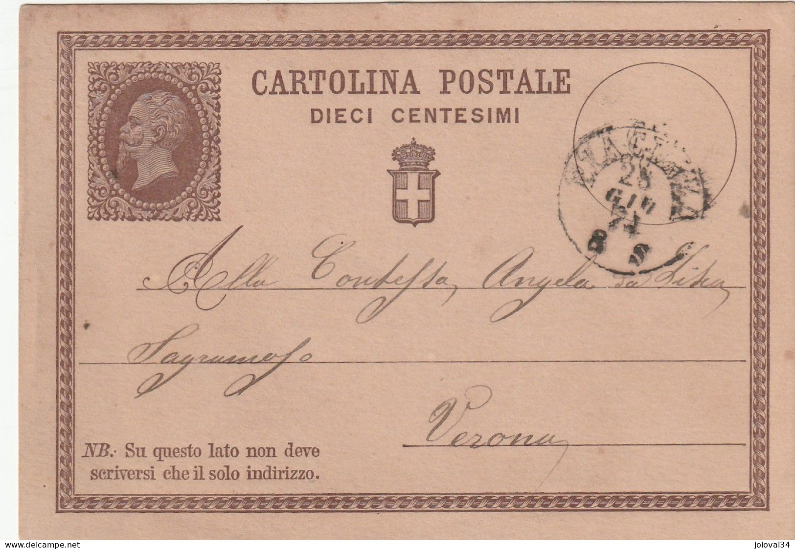 Italie Entier Postal  PIACENZA 28/6/1874 Pour Bologna - Stamped Stationery